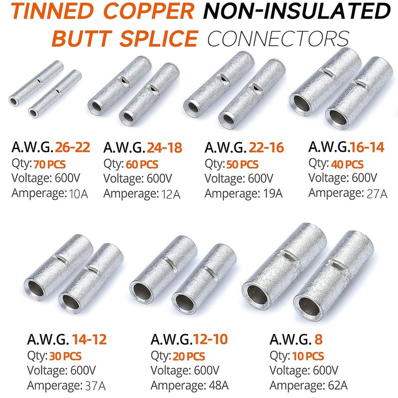 SVAAR 280 PCS 26-8 AWG Non-Insulated Butt Connectors Crimp Repair Butt Splices Kit, Uninsulated Butt Splice Connectors for 26 to 8 Gauge Wire, Marine Grade Tinned Copper Seamless Barrel Butt Terminals - Image 2